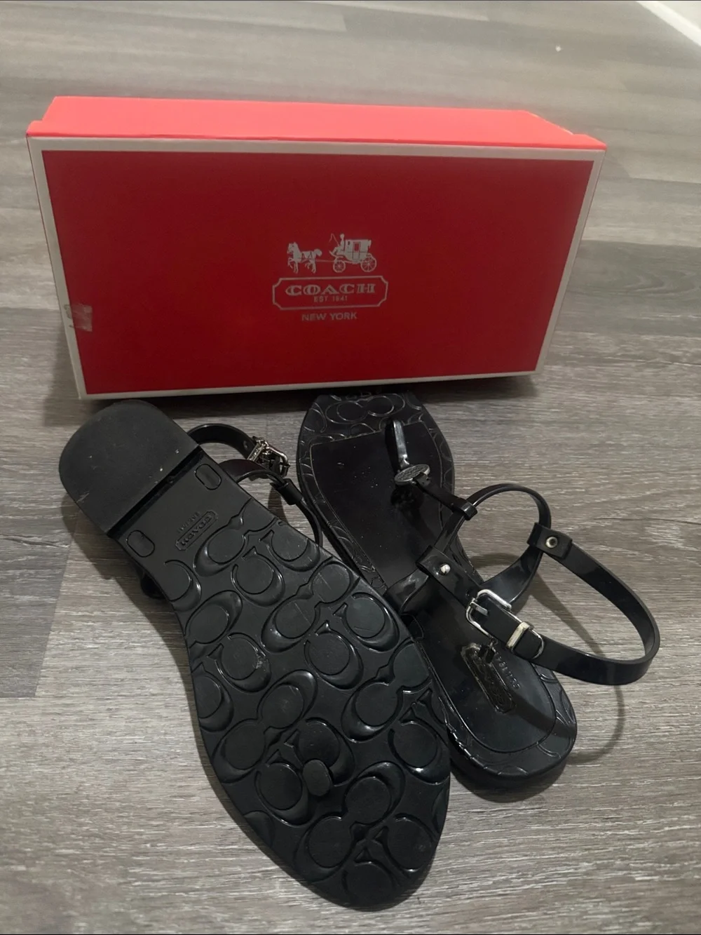 Coach Black Jelly T-Strap Logo Sandals